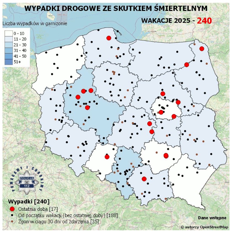 Policyjna mapa wypadków drogowych ze skutkiem śmiertelnym – 16 sierpnia 2025