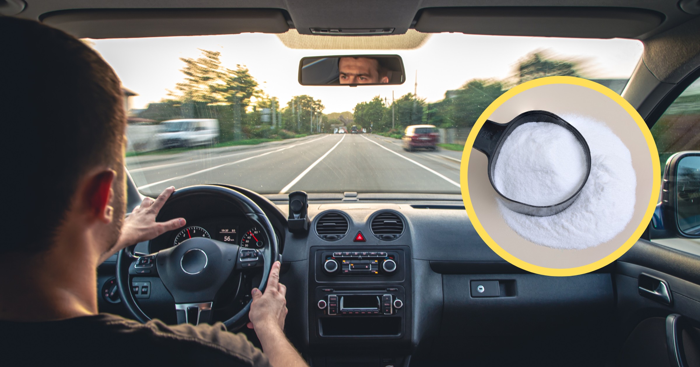 Soda oczyszczona (w kółku) może być dobrym sposobem na nieprzyjemny zapach w samochodzie. Zdjęcie ilustracyjne