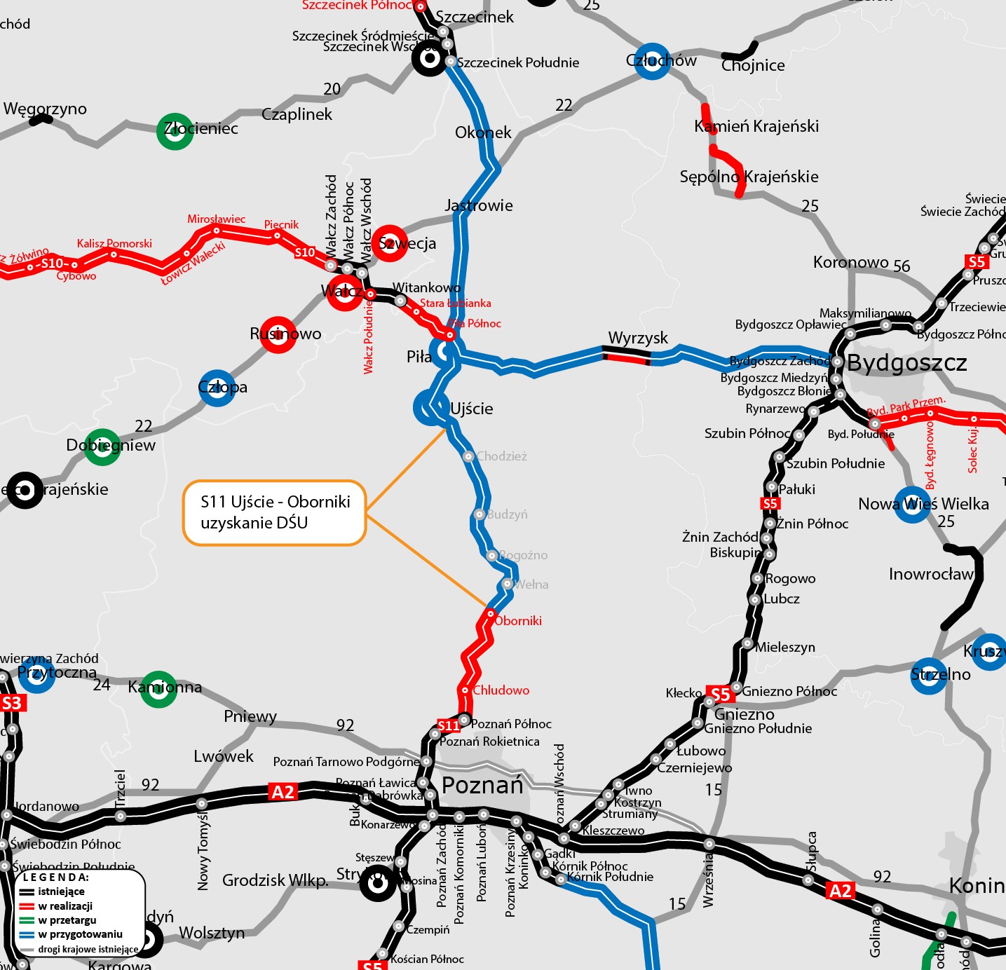 Infografika z zaznaczonym odcinkiem S11 Ujście - Oborniki
