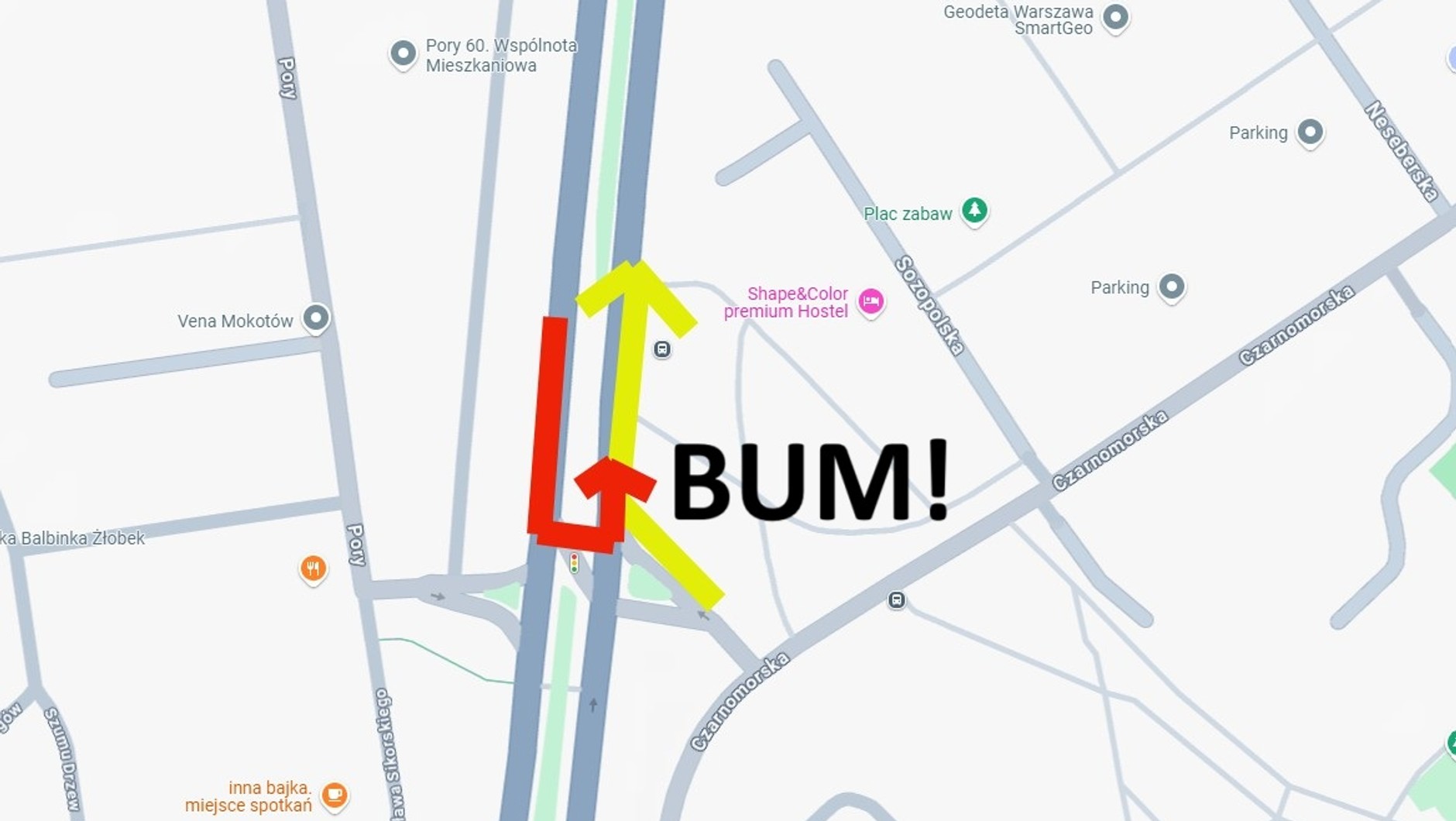 Stłuczka (zdj. ilustracyjne). Zrzut ekranu z Google Maps z ilustracją zdarzenia