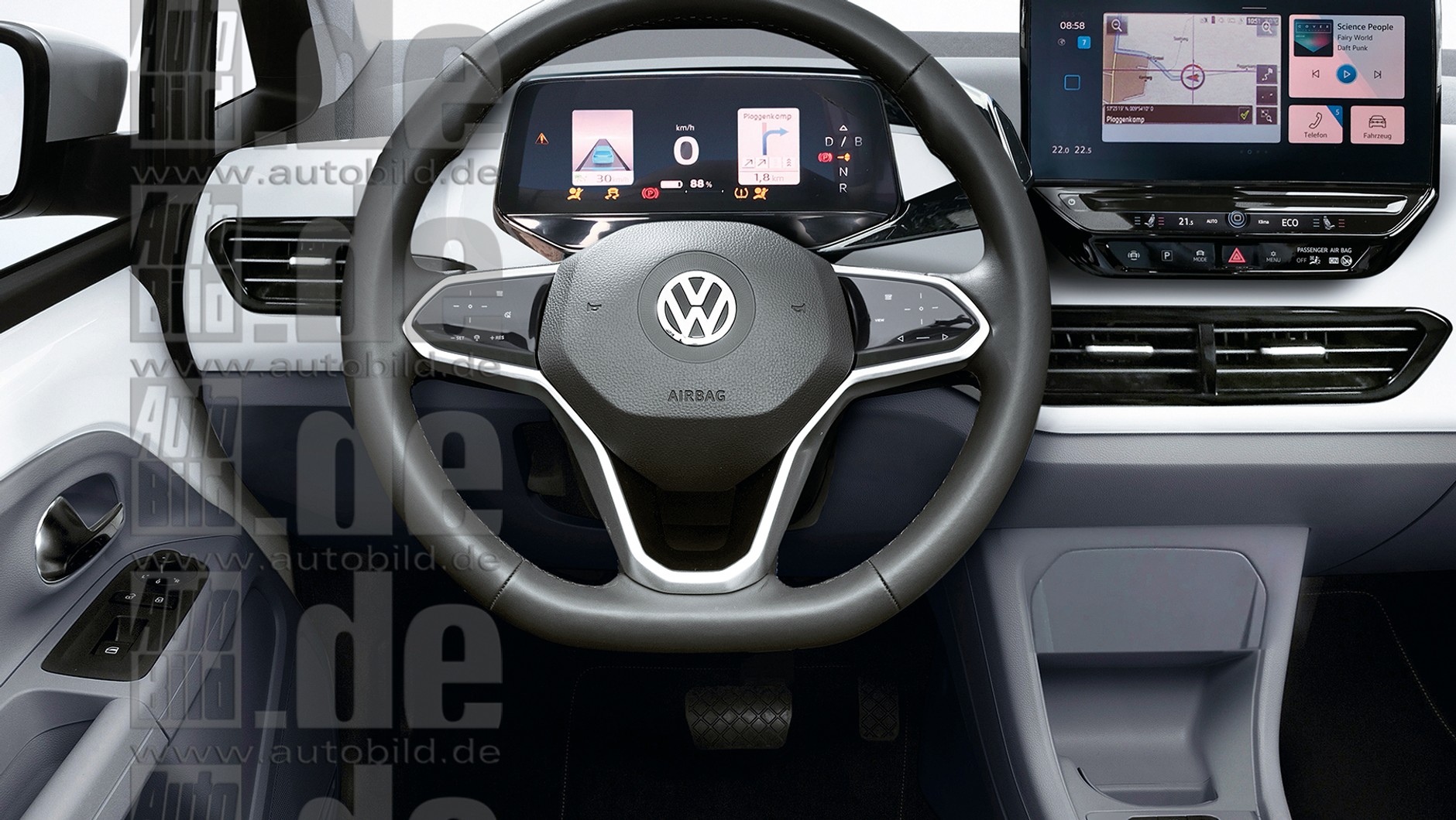 Kokpit Volkswagena ID.3: dwa małe ekrany zamiast wielkiego kinowego w Golfie. Prawie bez przycisków, za to z olbrzymim wyświetlaczem head-up