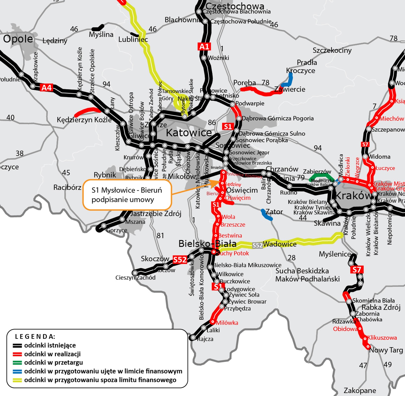 Mapa stanu budowy dróg w woj. śląskim