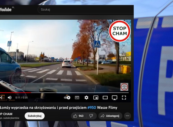 Policyjny radiowóz wyprzedza na skrzyżowaniu i tuż przed przejściem dla pieszych [WIDEO]