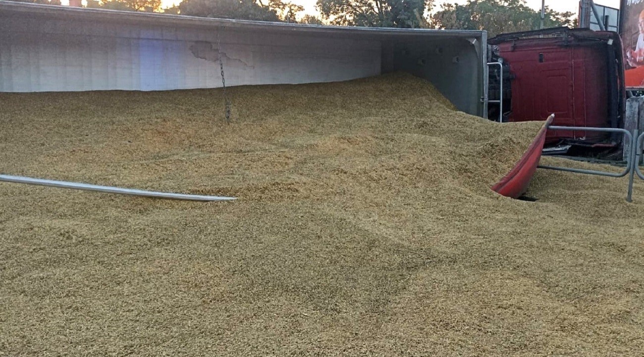 20 ton zboża zasypało rondo w Ostrołęce