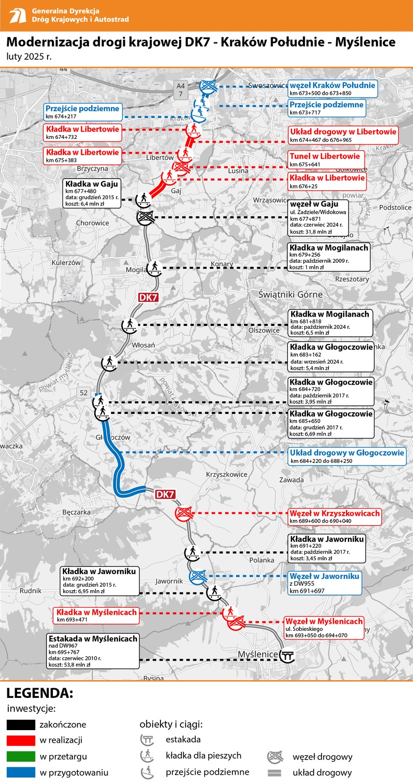 Mapa modernizacji DK7 między Krakowem a Myślenicami