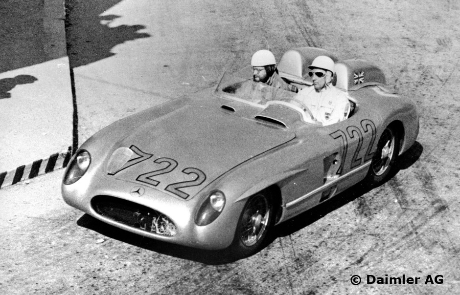Mille MIglia 1955 – Stirling Moss i Denis Jenkinson. Rekordziści MM – trasę tysiąca mil pokonali w czasie 10 godzin 7 minut i 48 sekund.