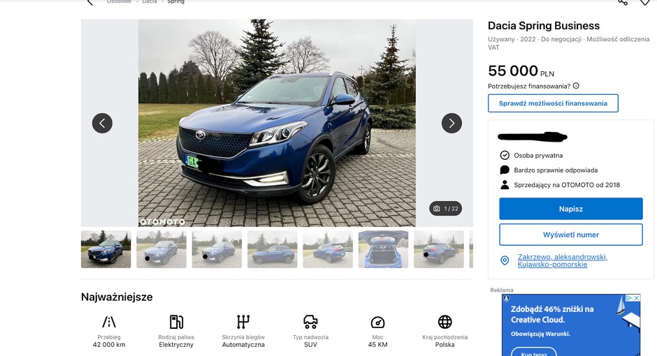 Seres 3 – auto z silnikiem o niewielkiej mocy, ale baterią (podobno) o poj. aż 53 kWh. Za zarejestrowany w Polsce samochód z przebiegiem 42 tys. km wystawiany na Otomoto pod różnymi markami trzeba zapłacić ok. 50 tys. zł