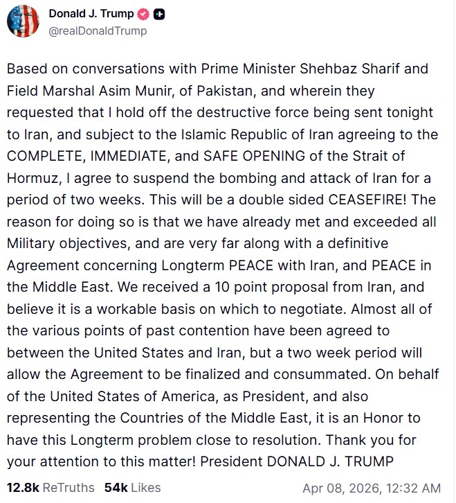 Wpis Donalda Trumpa na Truth Social