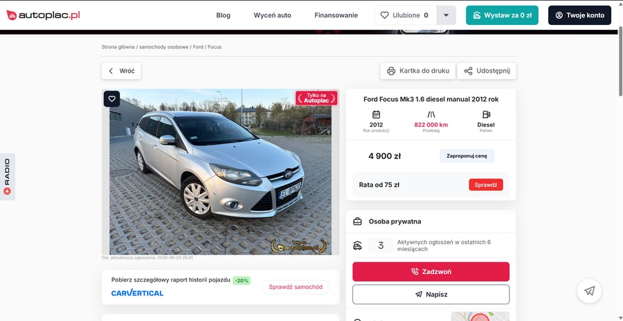 Ford Focus z przebiegiem 822 tys. km