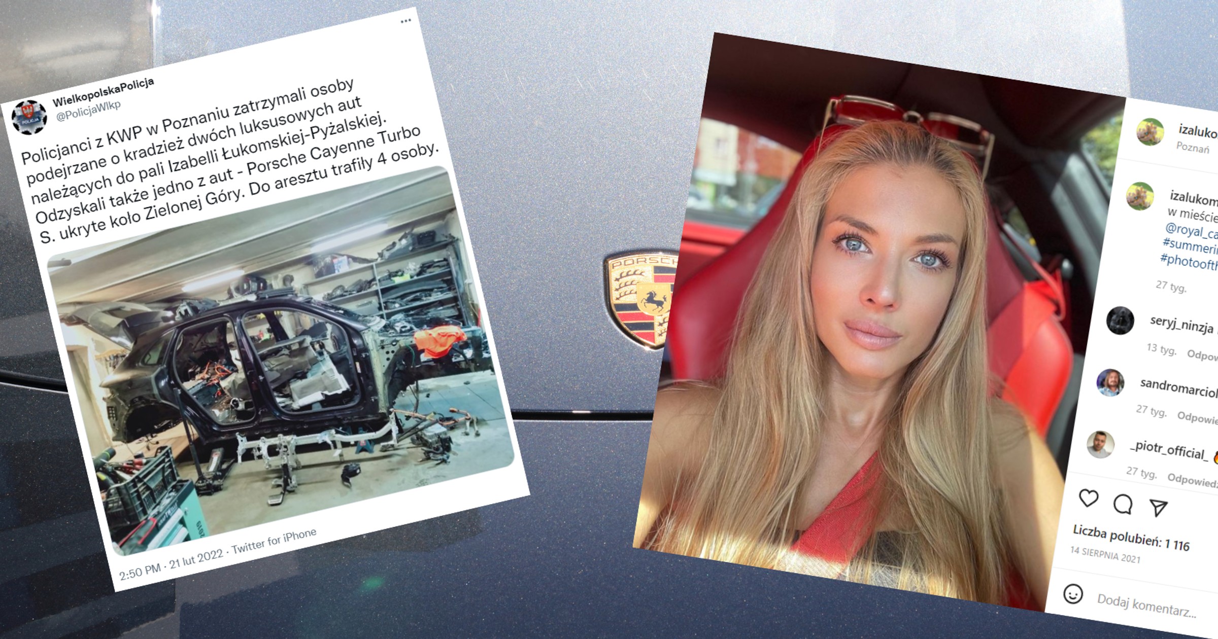Sprawcy kradzieży aut Izabelli Łukomskiej-Pyżalskiej wpadli w ręce policji (instagram.com/izalukomskapyzalska, twitter.com/PolicjaWlkp)
