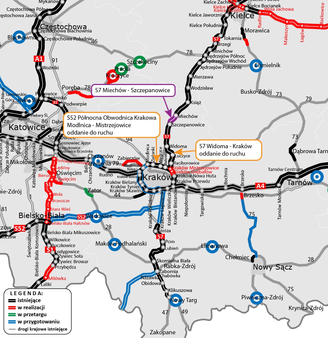 Przebieg tras S7 i S52 - mapa