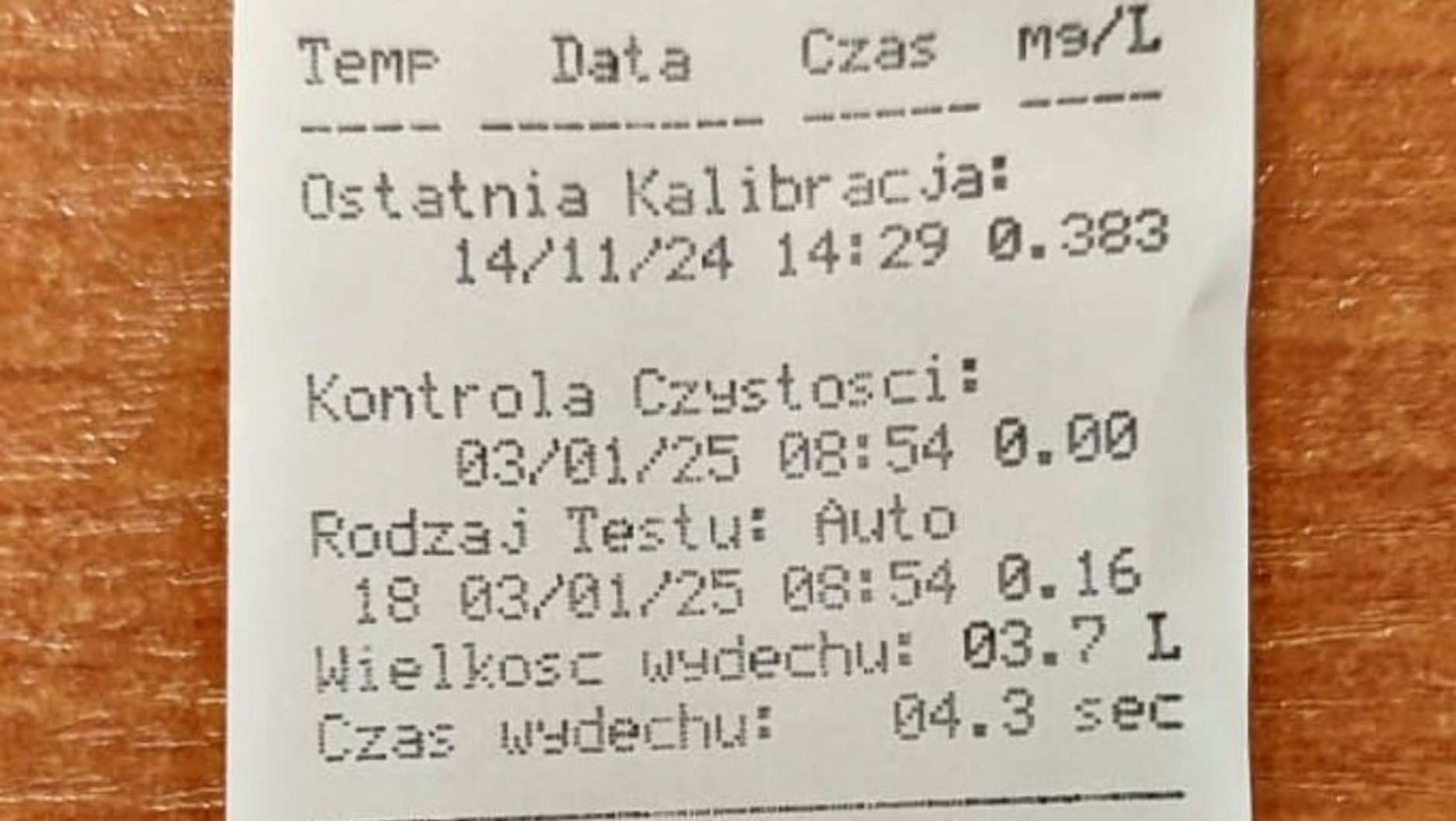 Wydruk z urządzenia pomiarowego