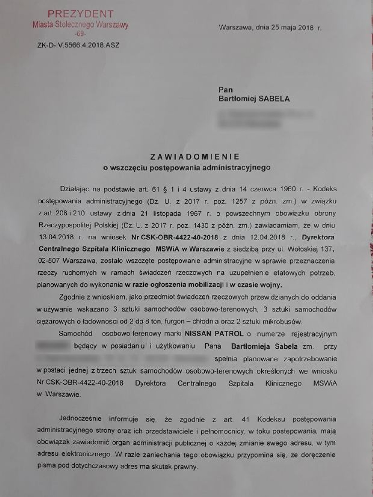 Pismo od Prezydenta m.st. Warszawy
