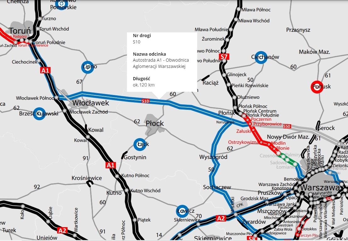 Mapa S10 Autostrada A1 - Obwodnica Aglomeracji Warszawskiej
