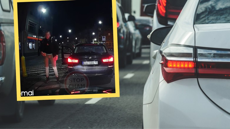 Nysa. Kierowca bmw zatrzymał się i wyskoczył z samochodu. W ręku miał kawałek pizzy (youtube.com/@STOPCHAM)