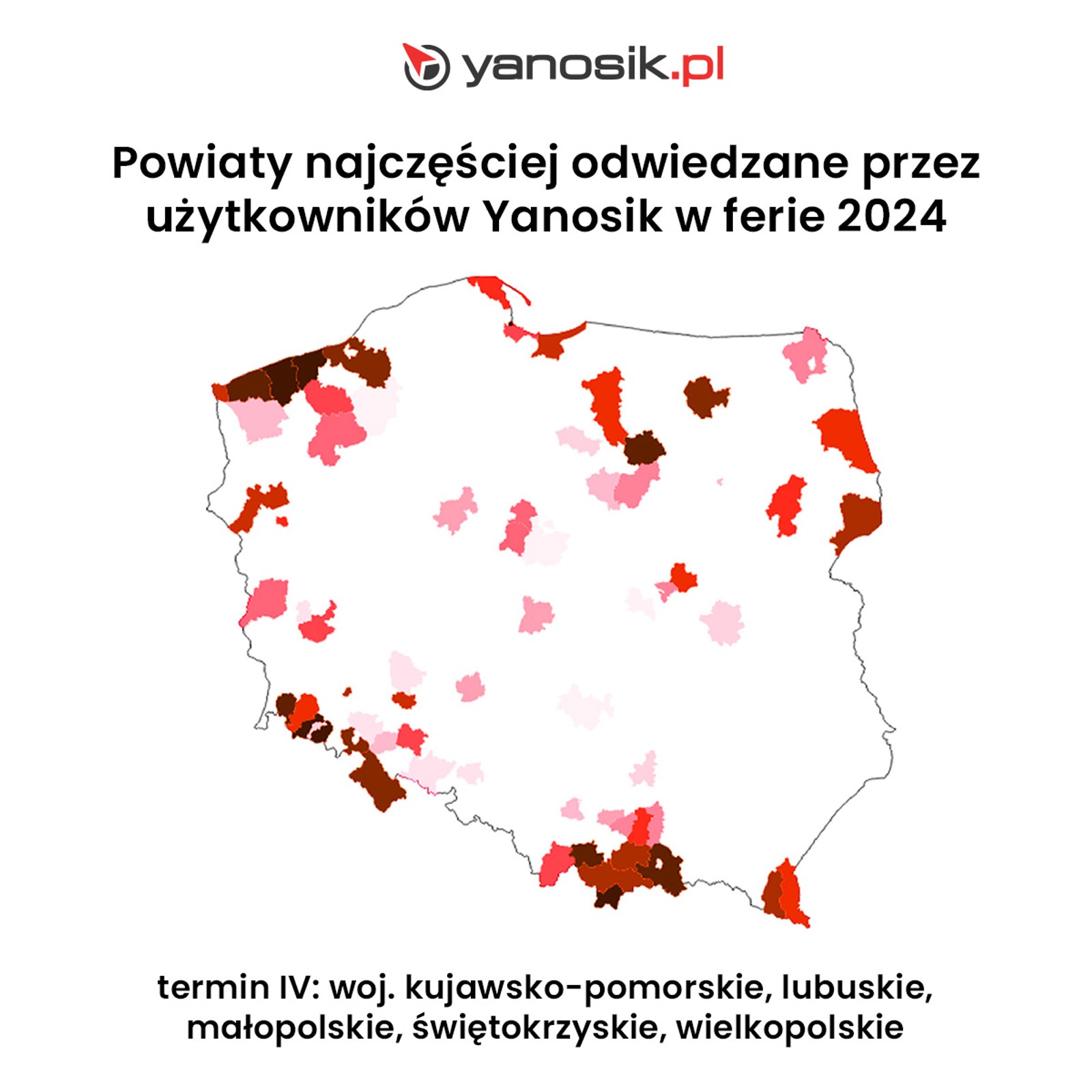 Powiaty najczęściej odwiedzane przez użytkowników Yanosika w ferie zimowe 2024 - 4 turnus