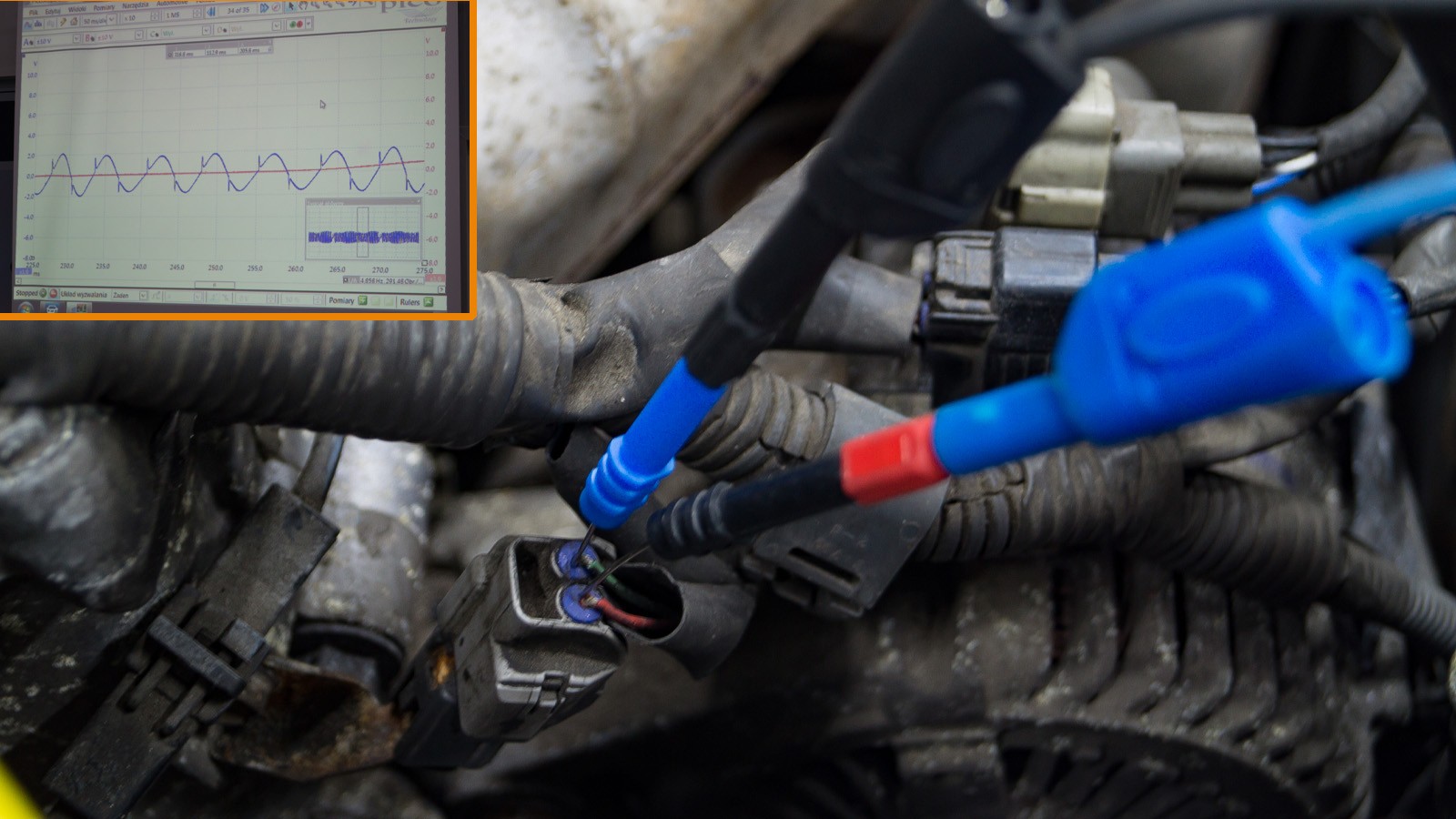 Oscyloskopem sprawdzimy, czy np. czujnik położenia wału korbowego pracuje prawidłowo.