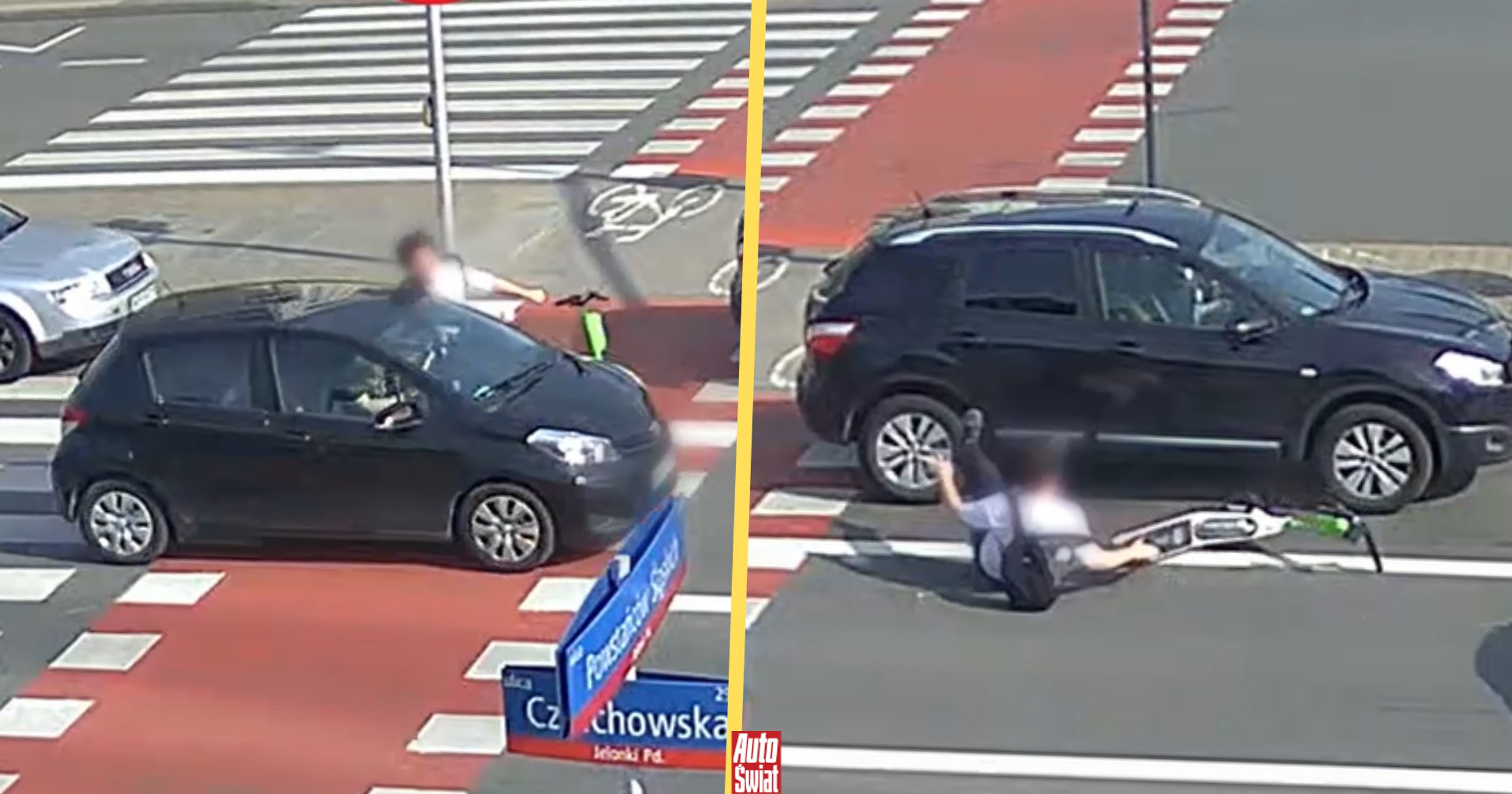 Kolizja na Bemowie. Wjechał hulajnogą prosto pod samochód [WIDEO]