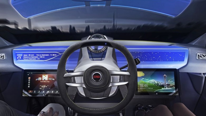 Ekran o długości 1,2 metra rozciąga się w głównej części deski rozdzielczej Rinspeed Xchange.