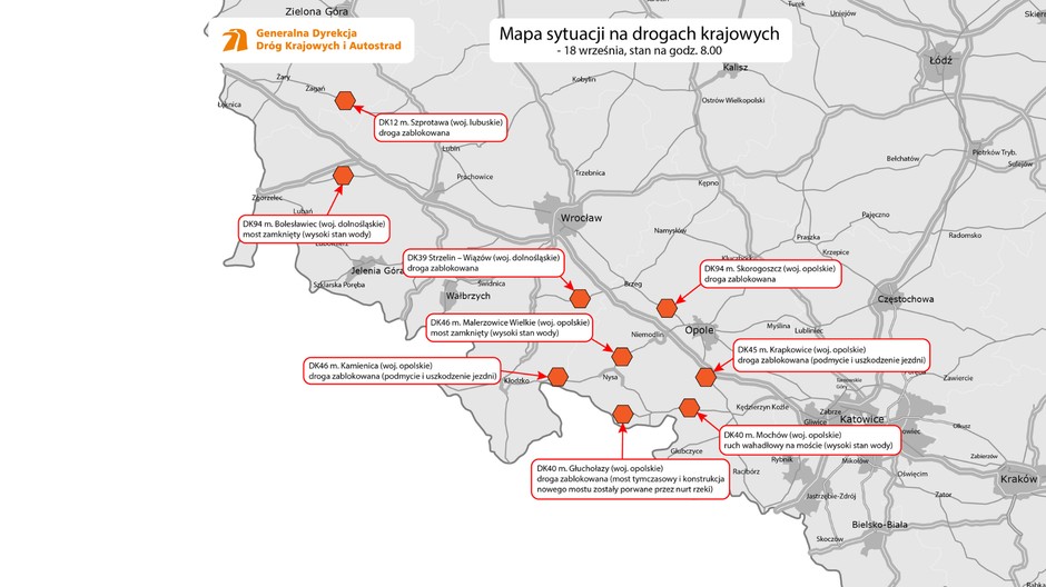 Mapa utrudnień po powodzi na południu Polski