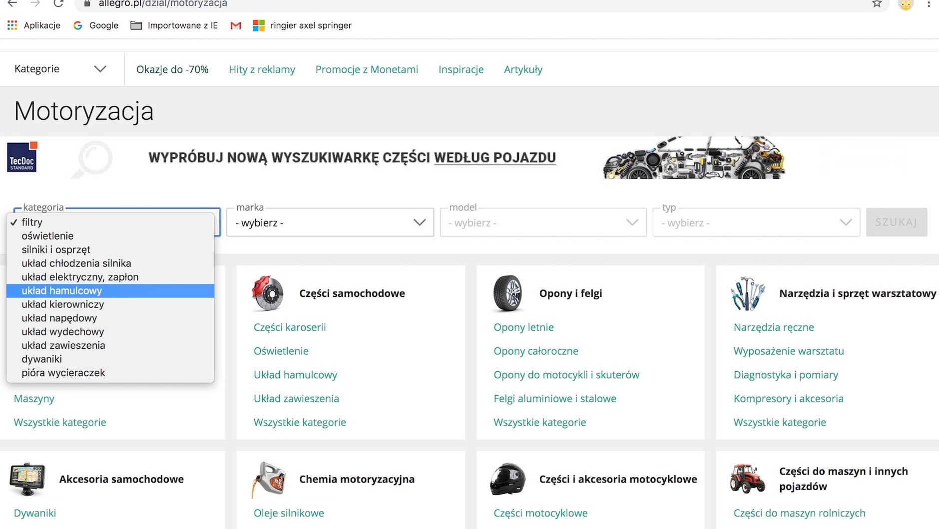 Wyszukiwarka części na Allegro: najpierw wybieramy kategorię części, których szukamy