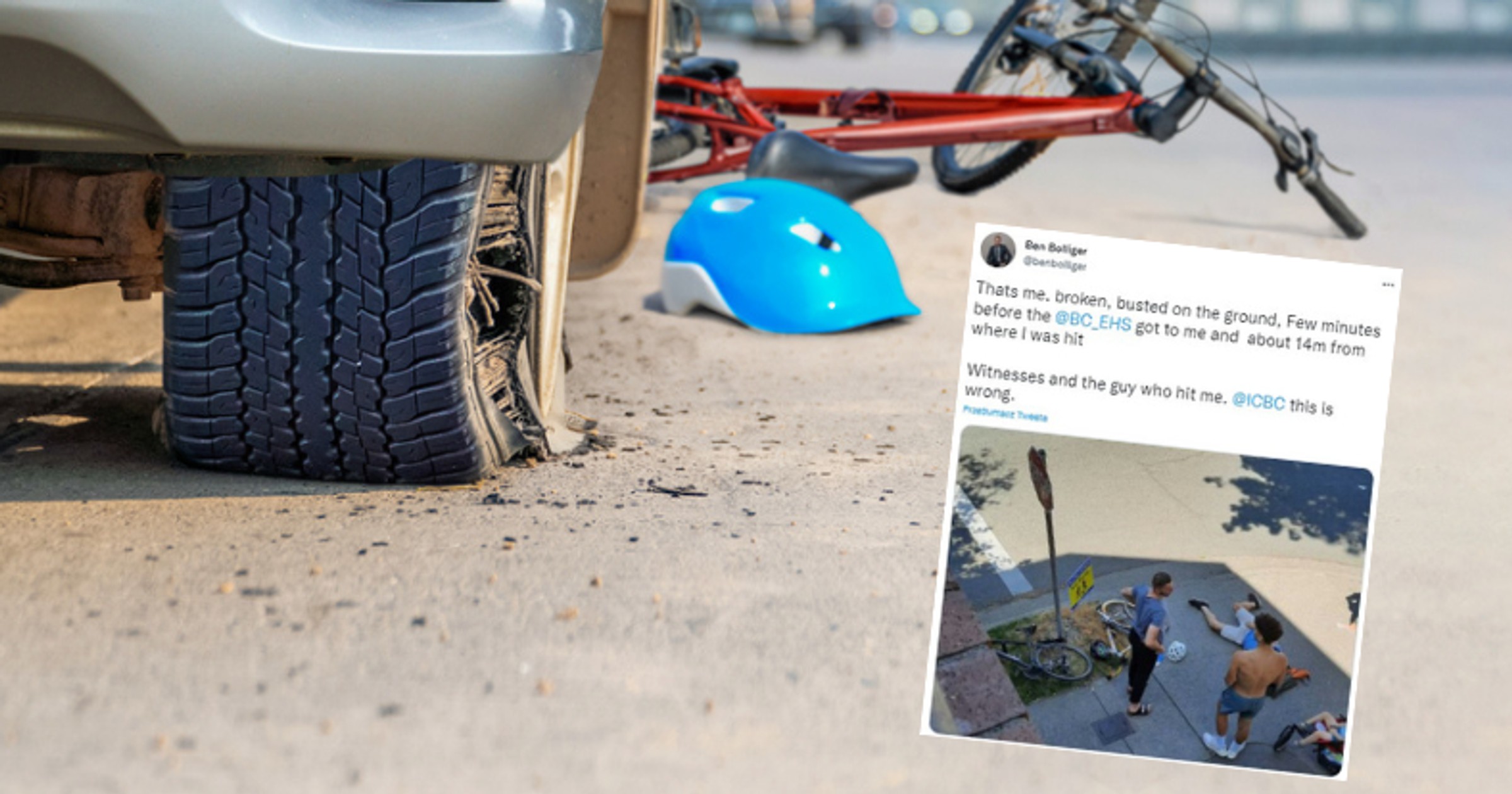 Kanadyjczyk, choć był ofiarą wypadku dostał z ubezpieczalni wezwanie do zapłaty (Screen: Twitter/benbolliger)