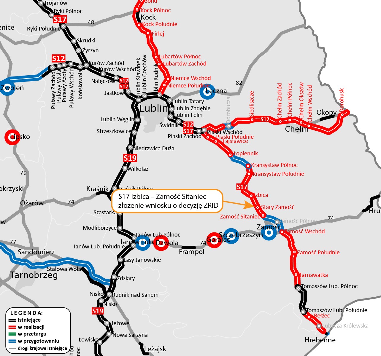 Mapa poglądowa - droga S17 Izbica – Zamość Sitaniec