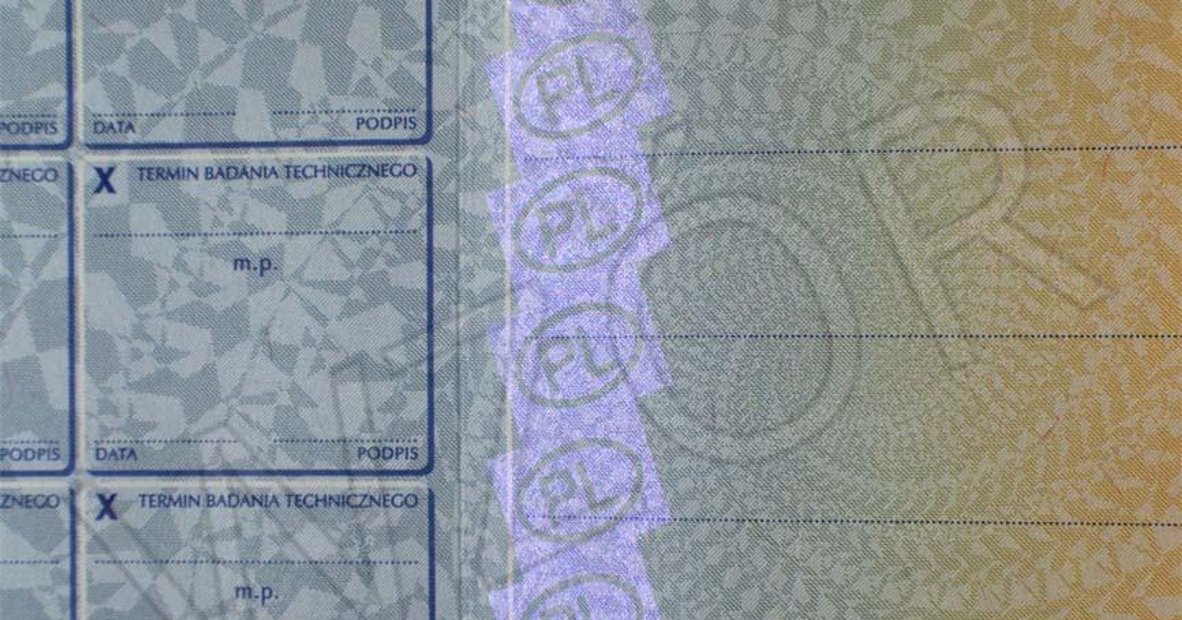 Dowód rejestracyjny jest pokryty farbą zabezpieczającą o perłowym połysku