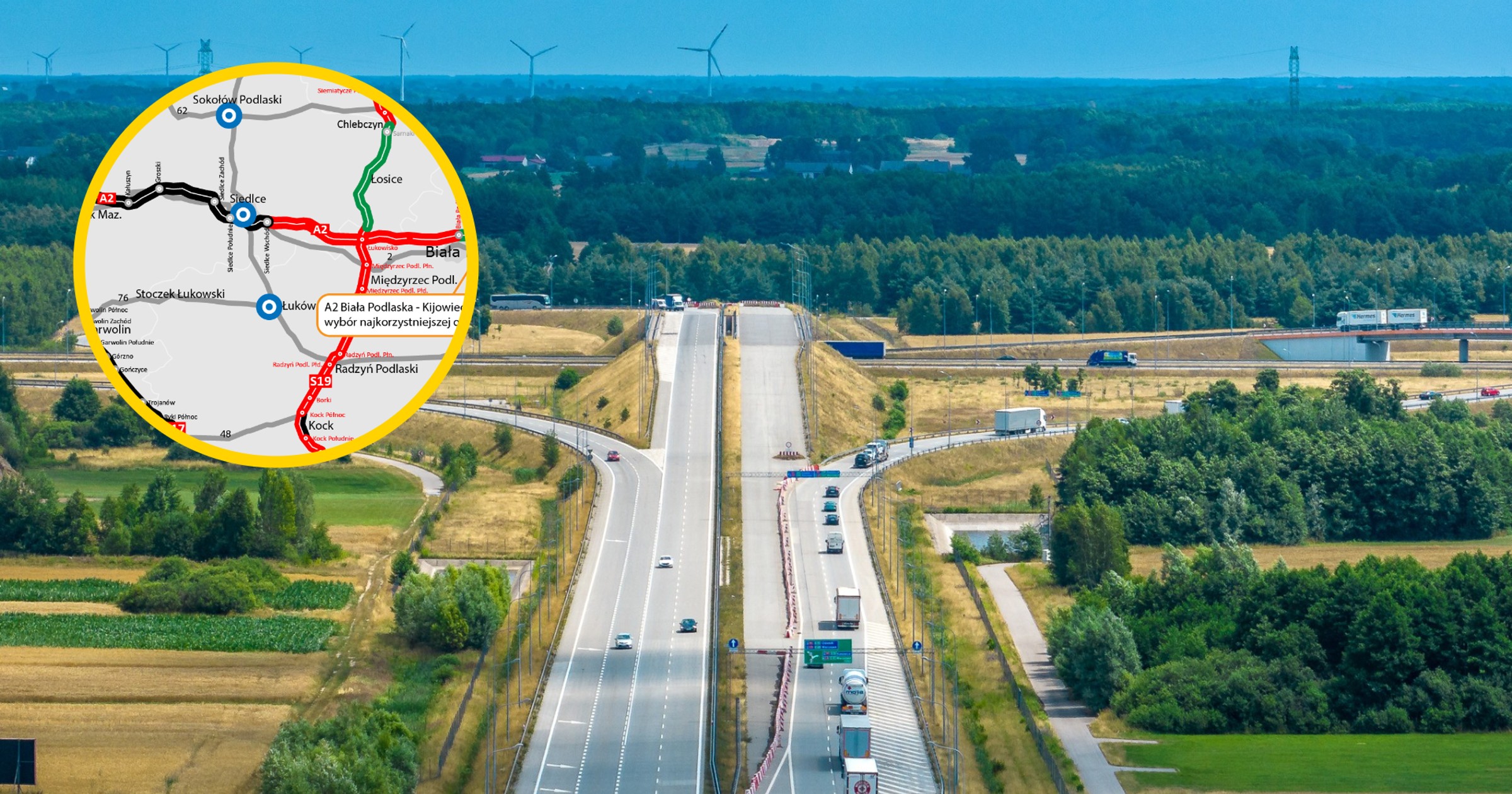 Autostrada A2 - mapa. Odcinek Biała Podlaska - Kijowiec