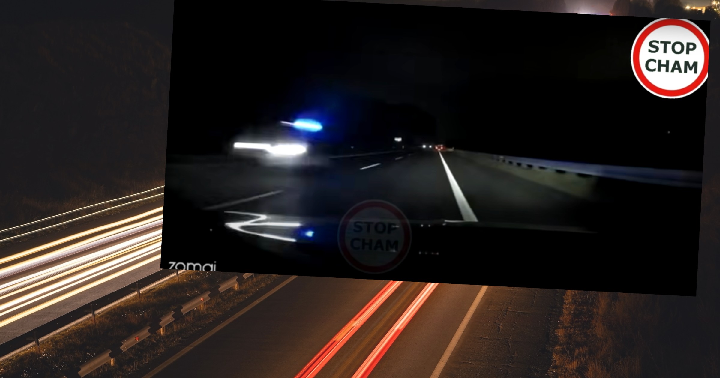 Kadr z filmu nagranego kamerką z auta jadącego po A2. Z przeciwka najpierw nadjechało pod prąd BMW, a następnie radiowóz policyjny