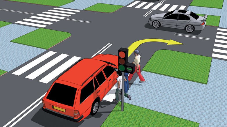 Błąd! Kierowca ma obowiązek zatrzymać się przed sygnalizatorem S-2 z wyświetloną zieloną strzałką, a w czasie tego zatrzymania rozejrzeć się, czy może kontynuować jazdę, nie powodując zagrożenia