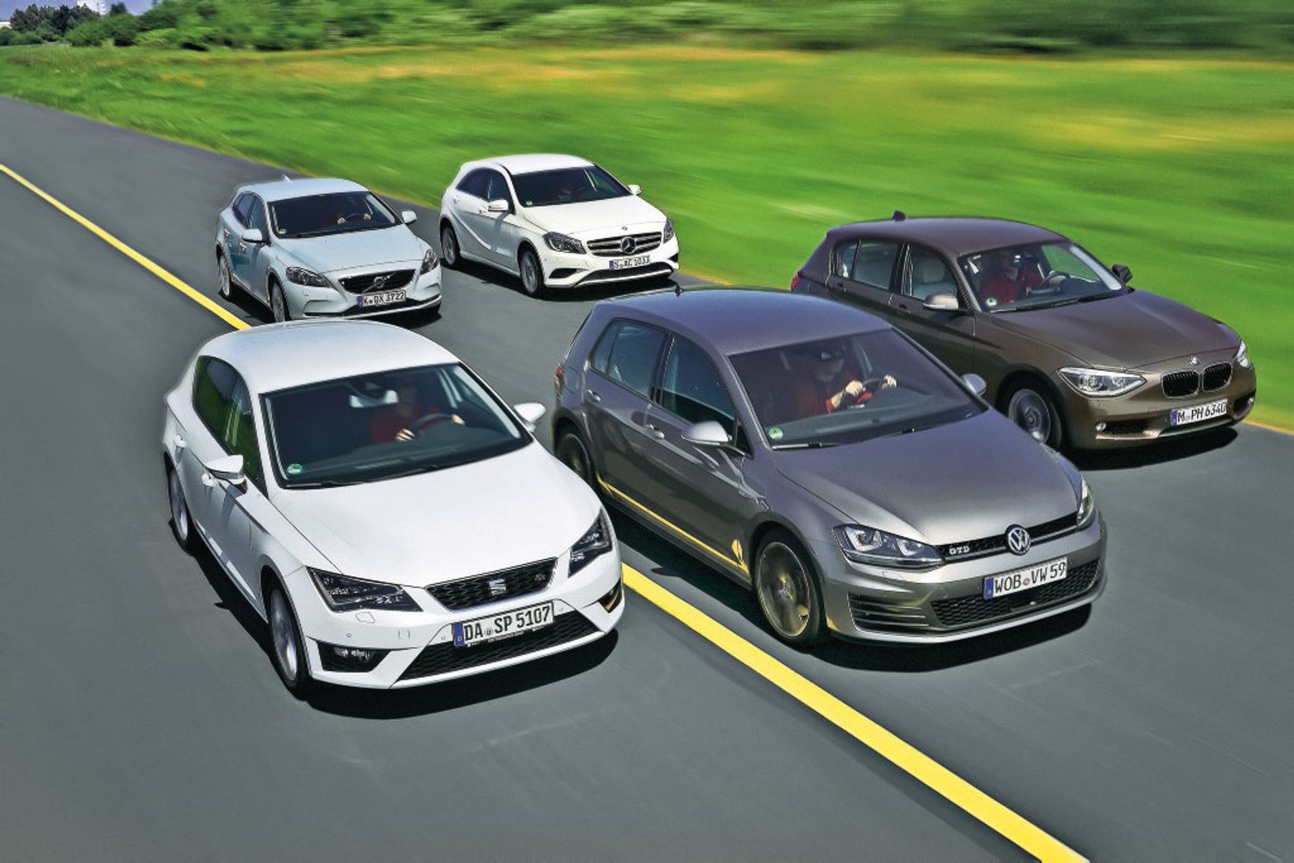 BMW 120d, Mercedes A220 CDI, Seat Leon FR 2.0 TDI, Volkswagen Golf GTD, Volvo V40 D4