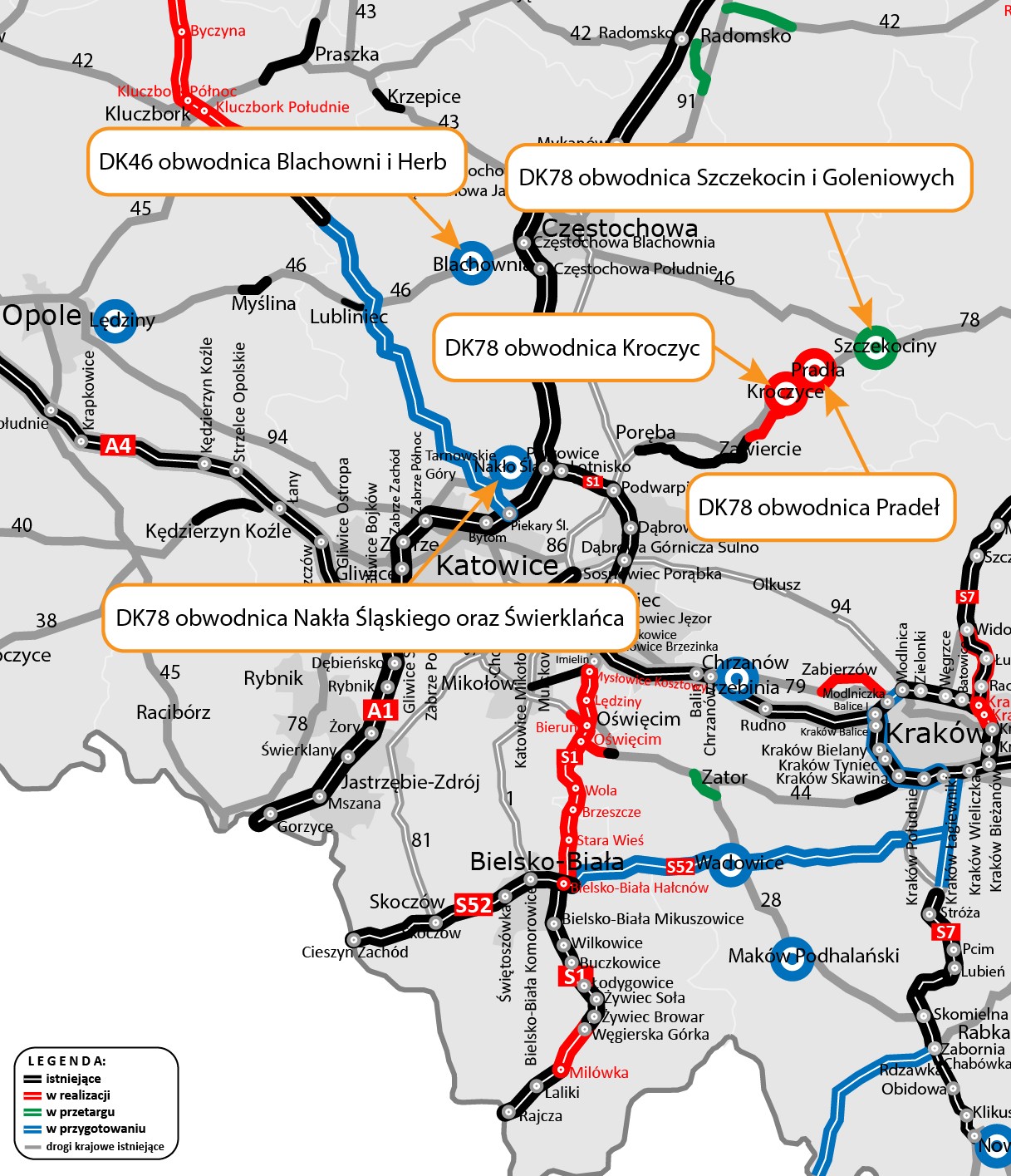 Mapa — nowe obwodnice w woj. śląskim