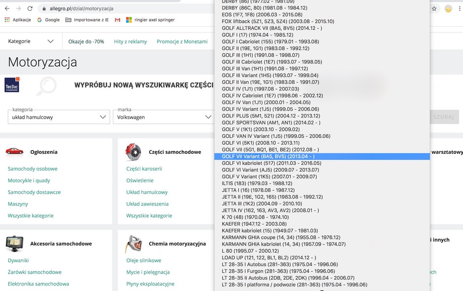Wyszukiwarka części na Allegro: wybieramy markę, a następnie model auta, potem wersję silnikową