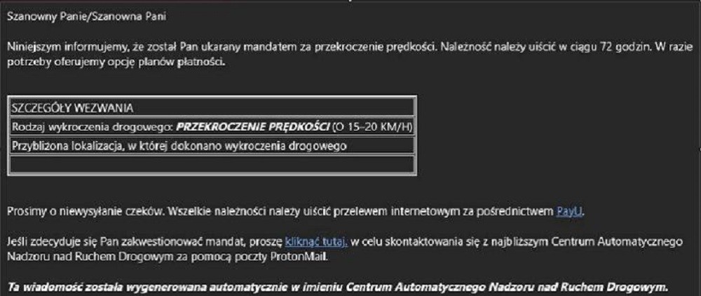 Fałszywy mandat wysłany w formie wiadomości e-mail