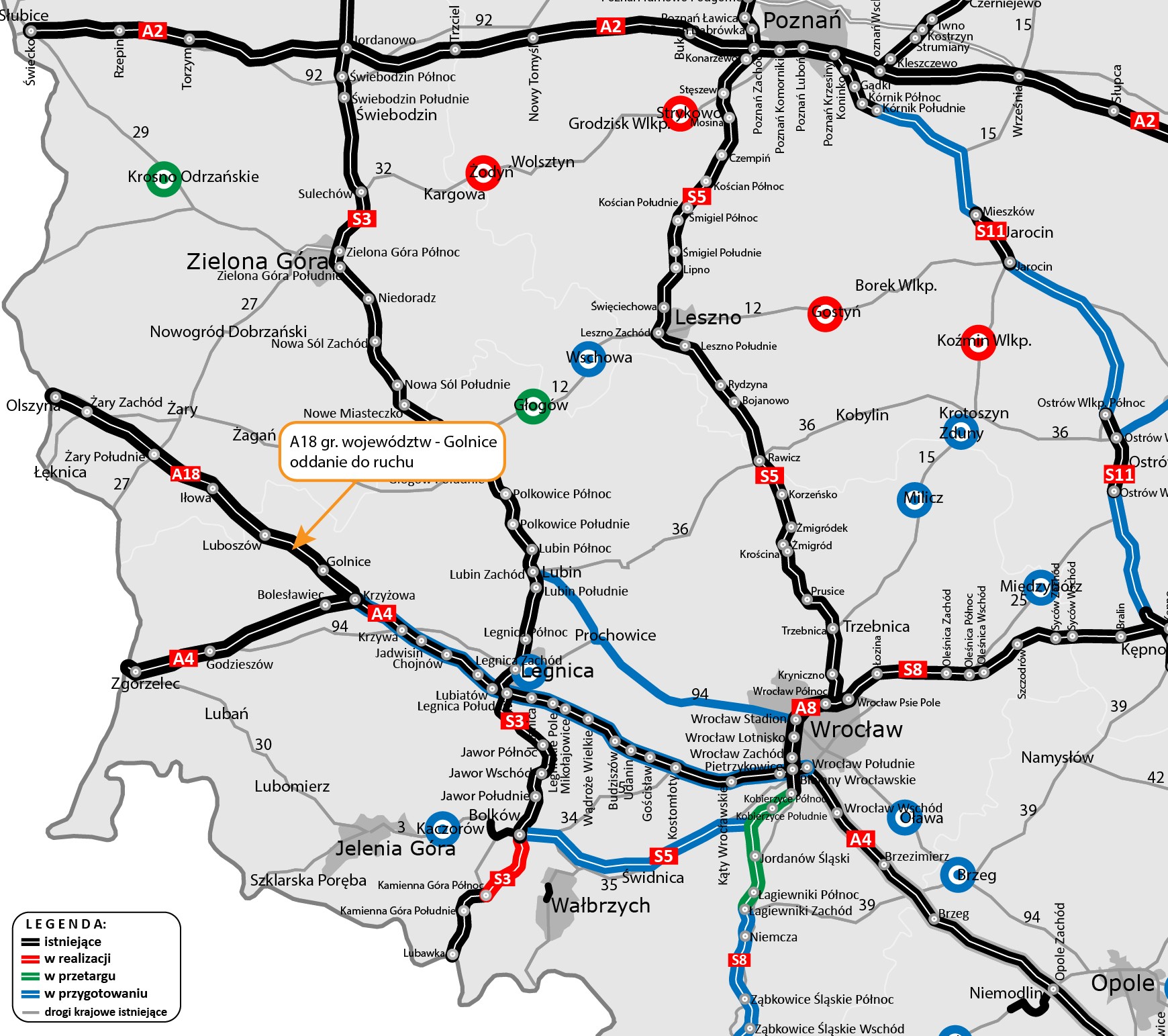 Mapa z przebiegiem autostrady A18