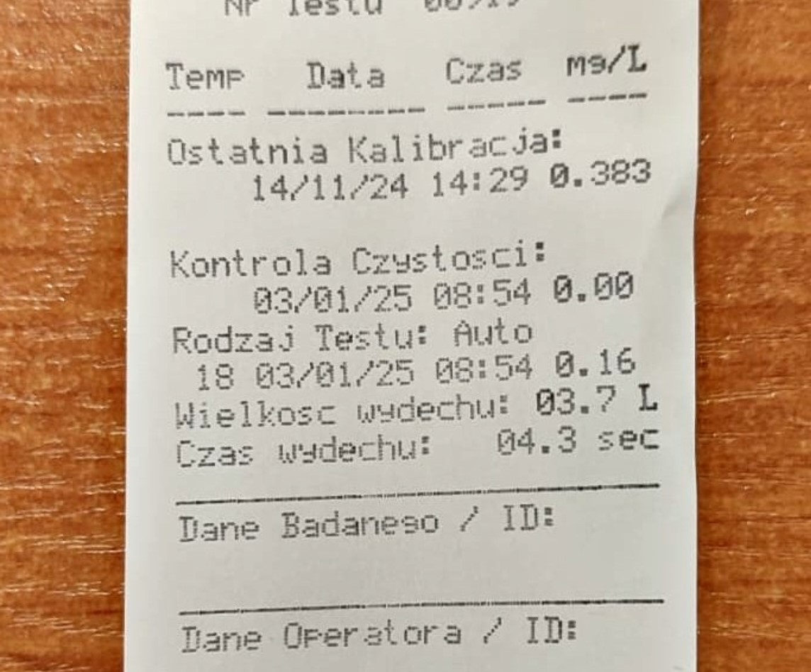 Wydruk z urządzenia pomiarowego