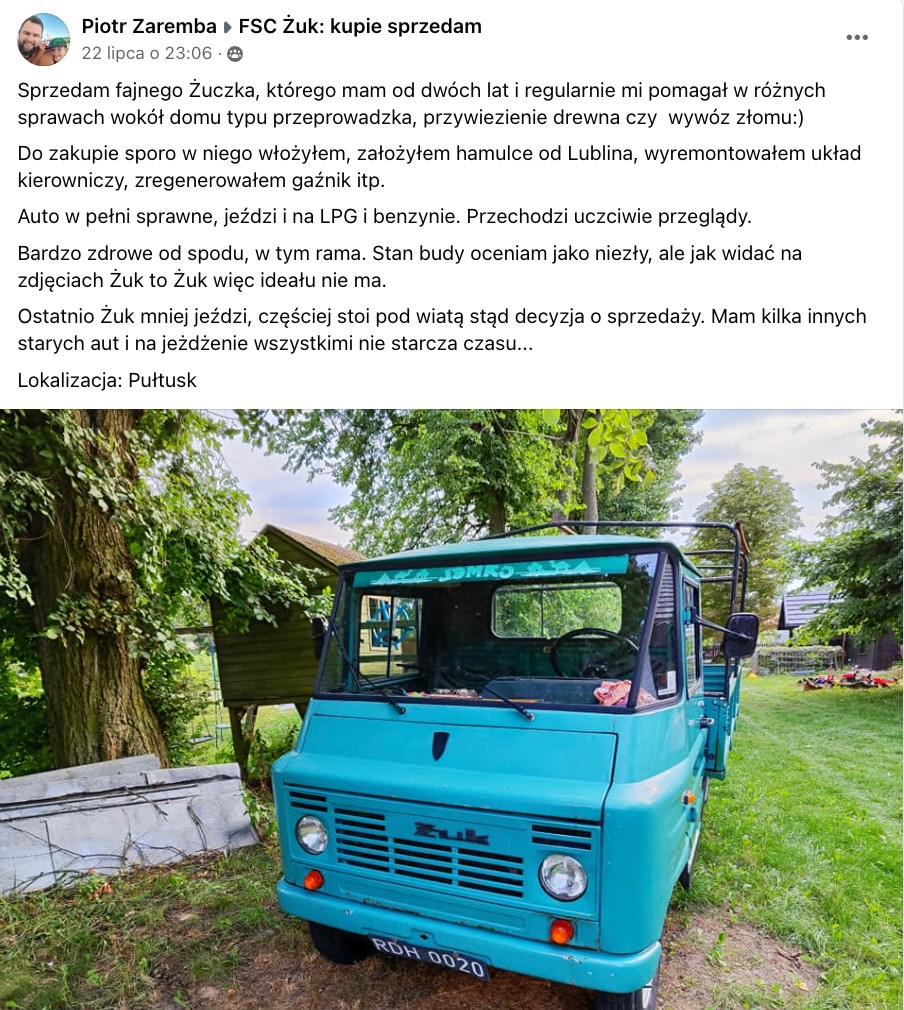 Ogłoszenie o sprzedaży Żuka Mimo prominentnego poprzedniego właściciela, cena rozsądna