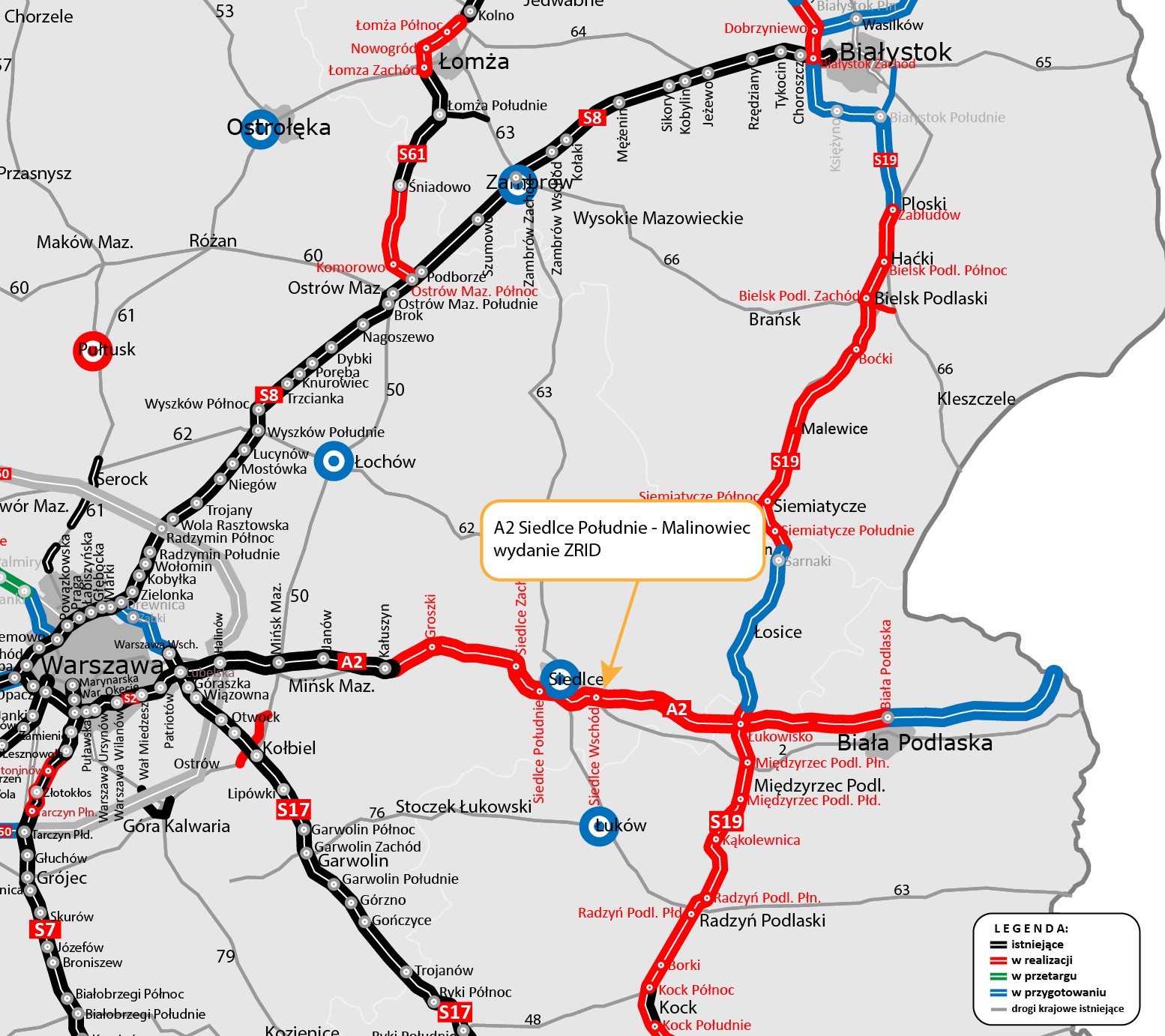 Mapa przebiegu A2 Warszawa — granica z Białorusią