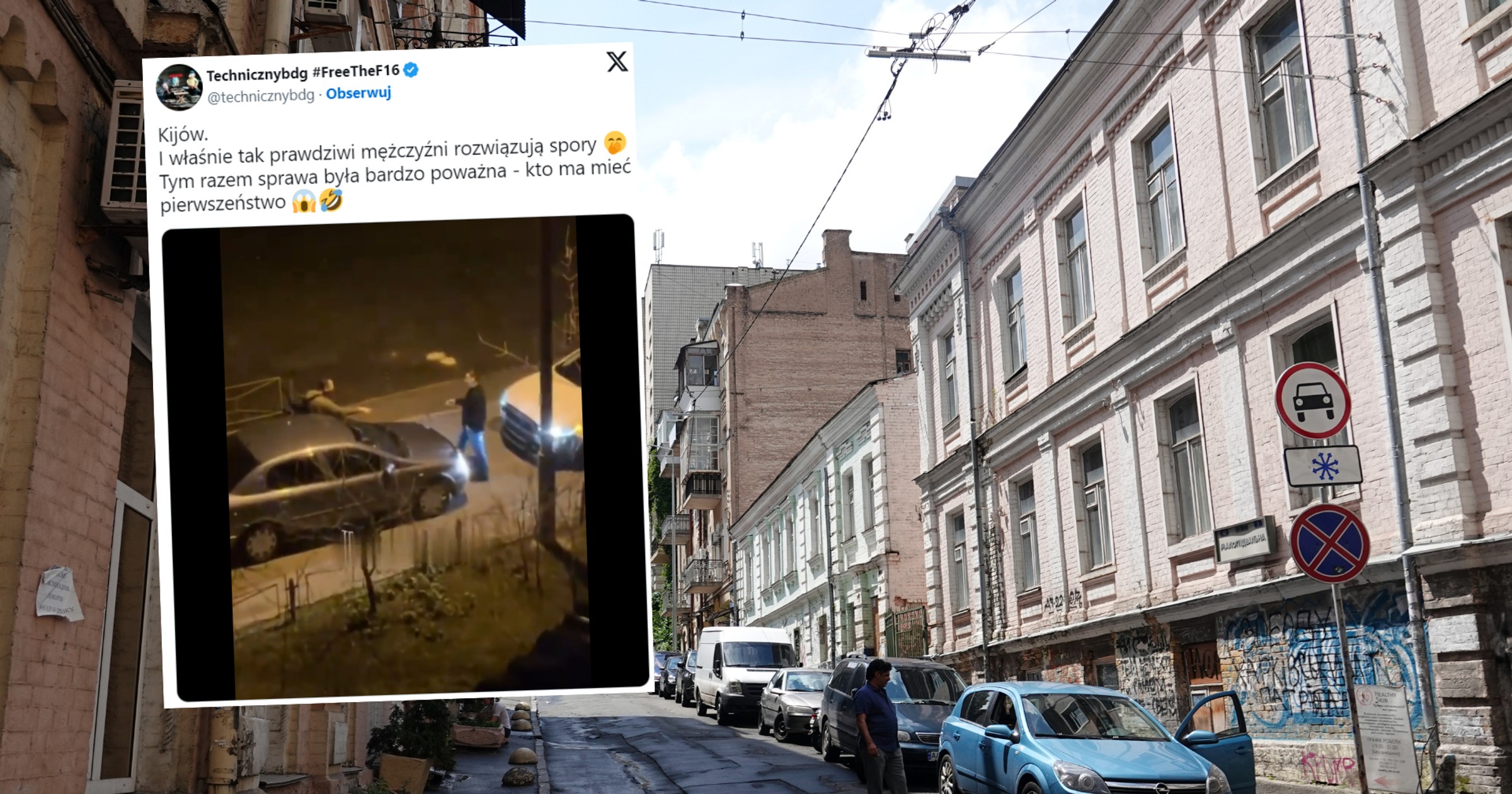 Kierowcy spotkali się w wąskiej uliczce. Tak to rozwiązali (fot. screen: twitter.com/@technicznybdg)