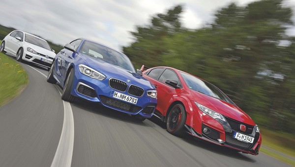 Sportowe kompakty w starciu na torze: Honda Civic Type R Turbo, BMW M135i, VW Golf R