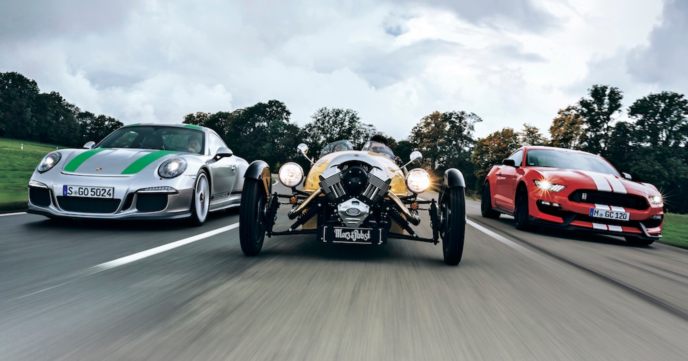 Porsche 911 R, Morgan 3 Wheeler i Ford Mustang Shelby GT350