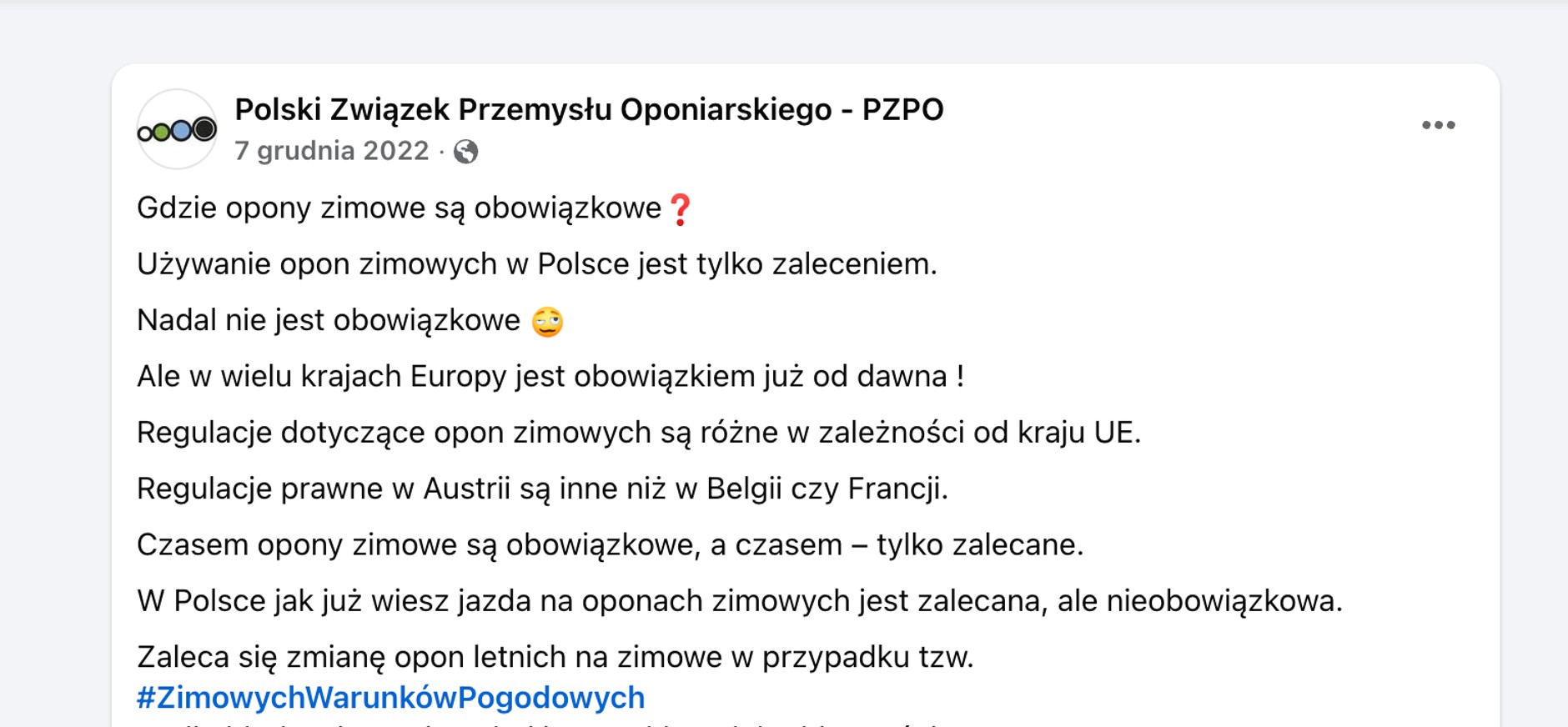 Oficjalne stanowisko Polskiego Związku Przemysłu Oponiarskiego w sprawie obowiązku stosowania opon zimowych w Polsce