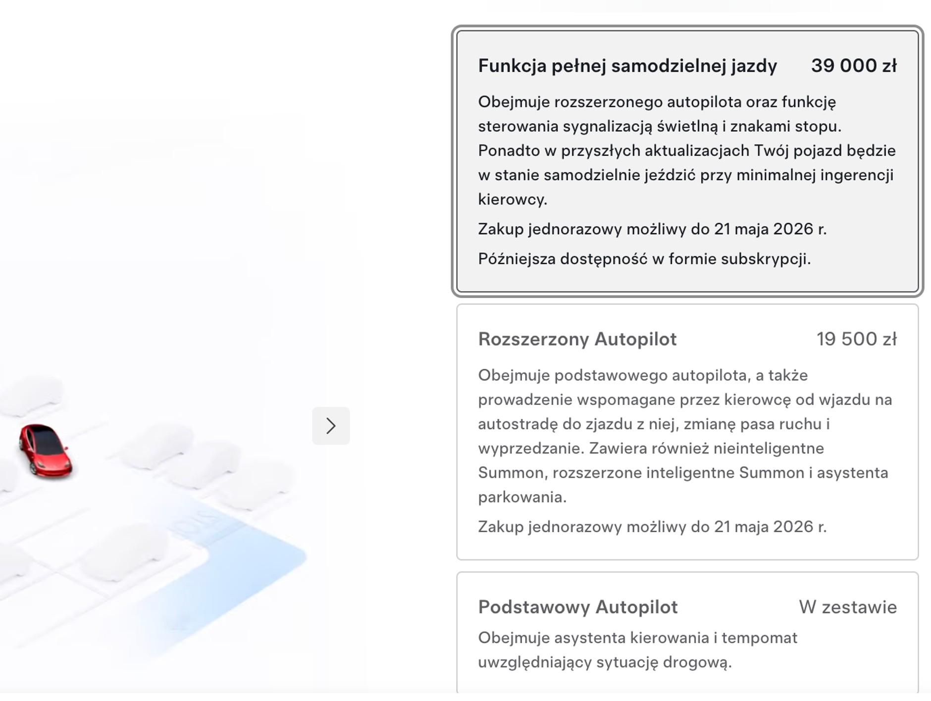 W polskim konfiguratorze Tesli można wybrać opcję FSD, ale żeby z niej skorzystać, trzeba jechać przynajmniej do Holandii. Na razie!