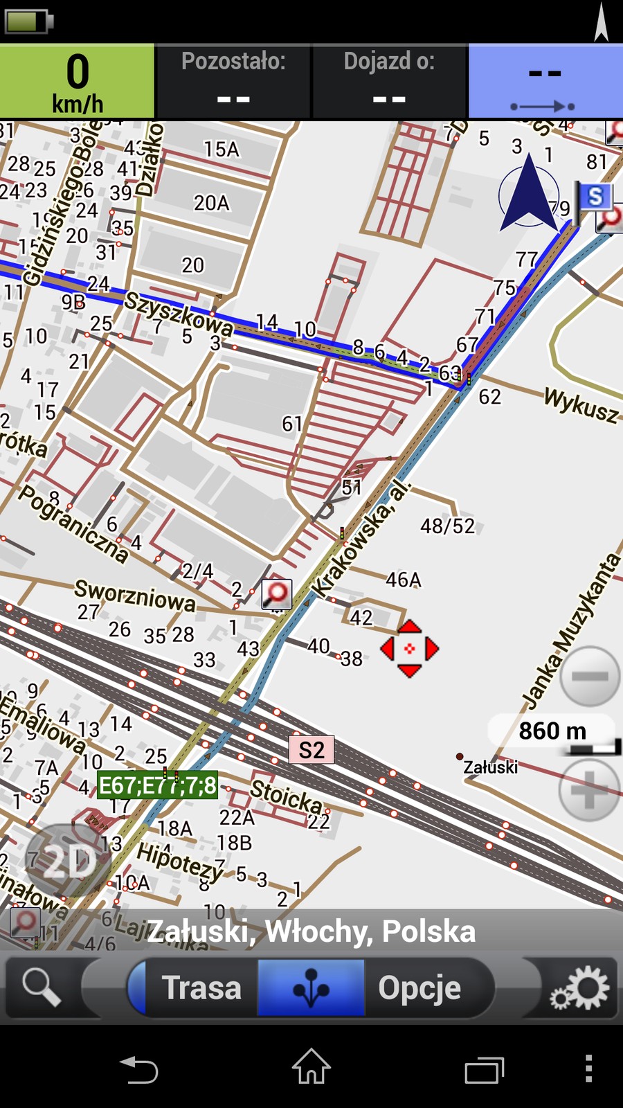 AutoMapa na obu telefonach użytych w teście (Xperia Z i Arc S) niestety nie prowadziła S2. Dopiero w drugiej próbie po południu udało się.
