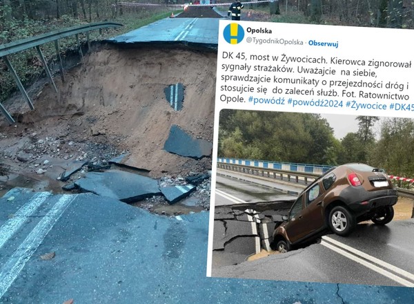 Powódź przerwała most w Żywocicach na DK45. Ten kierowca żałuje, że zaryzykował