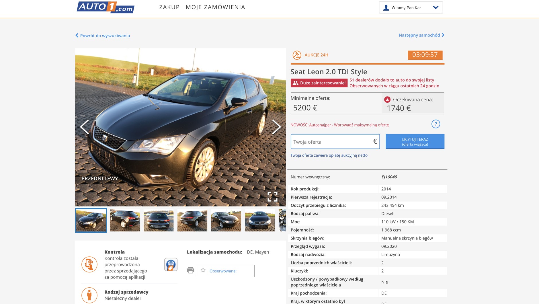 Przykładowa oferta sprzedaży za pośrednictwem platformy AUTO1.com