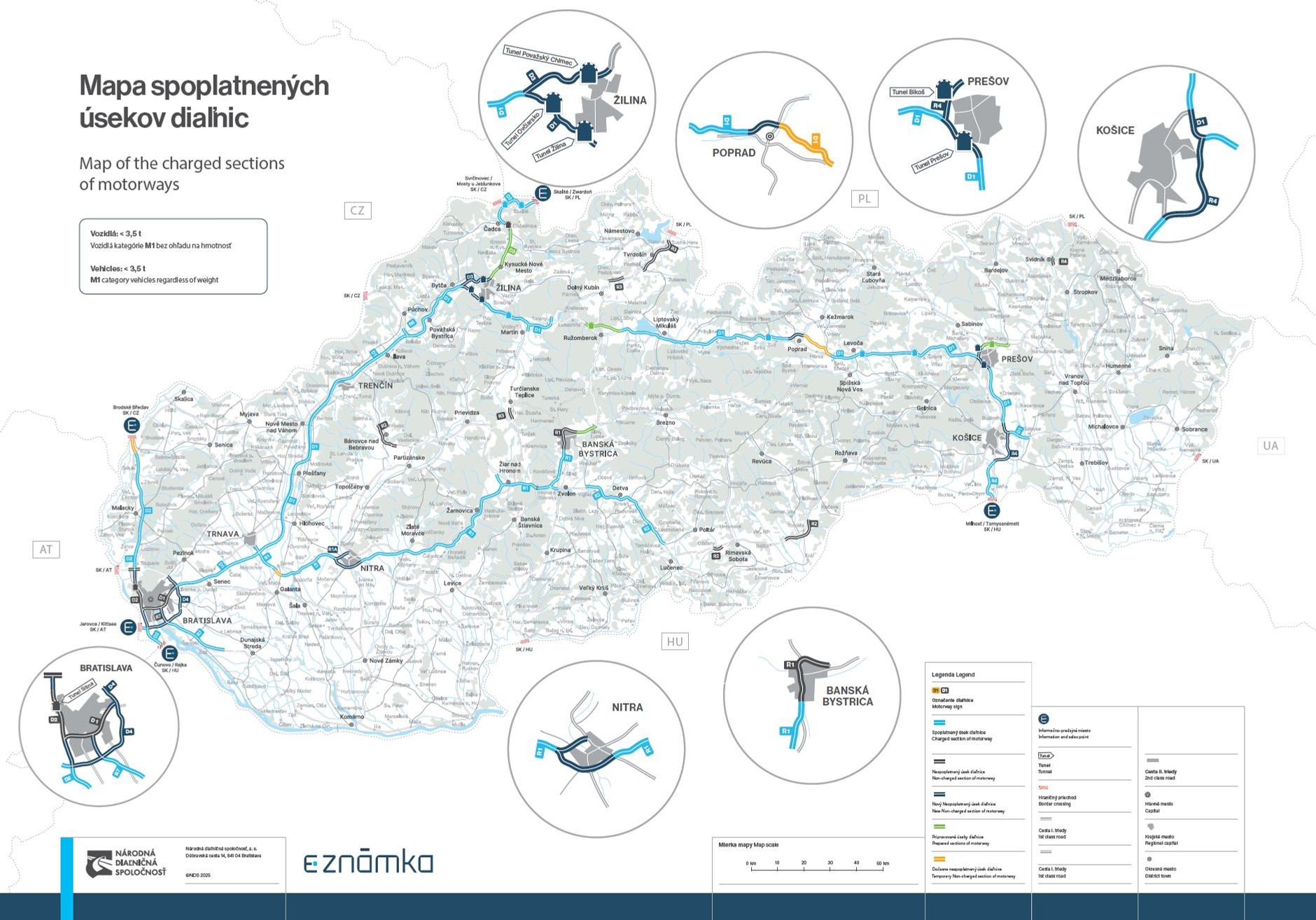 Mapa płatnych odcinków dróg na Słowacji