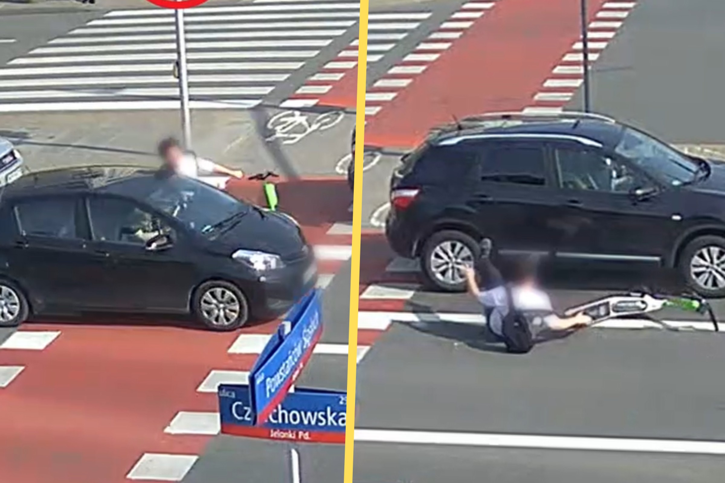 Kolizja na Bemowie. Wjechał hulajnogą prosto pod samochód [WIDEO]