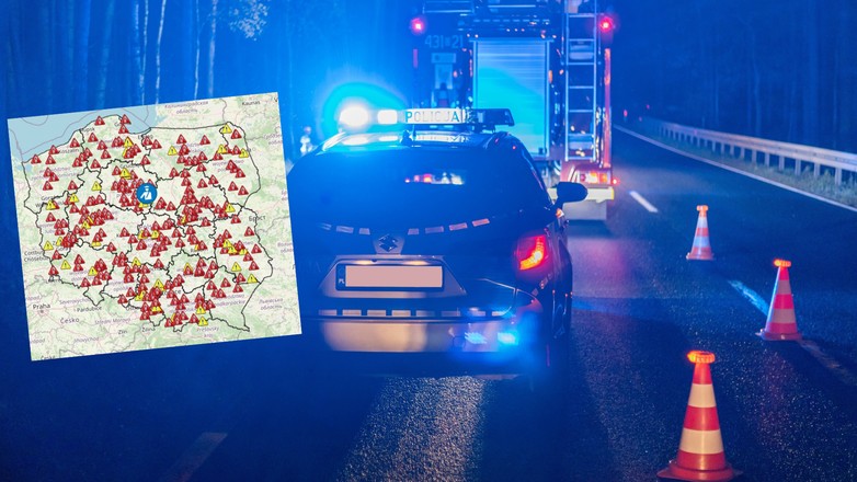 Mapa udostępniona przez policję pokazuje, gdzie w trakcie wakacji doszło do wypadków śmiertelnych na polskich drogach (screen: policja.pl)